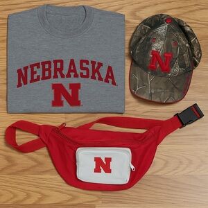 🏈 Nebraska Huskers Fan Bundle – Shirt, Hat & Waist Bag